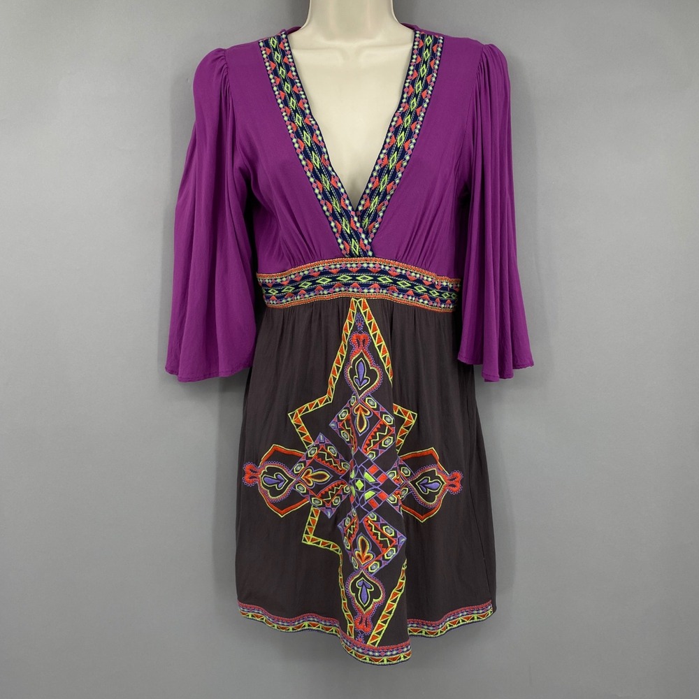 Deja Vu Embroidered Bell Sleeve Mini Dress Women Size M Boho Purple Festival